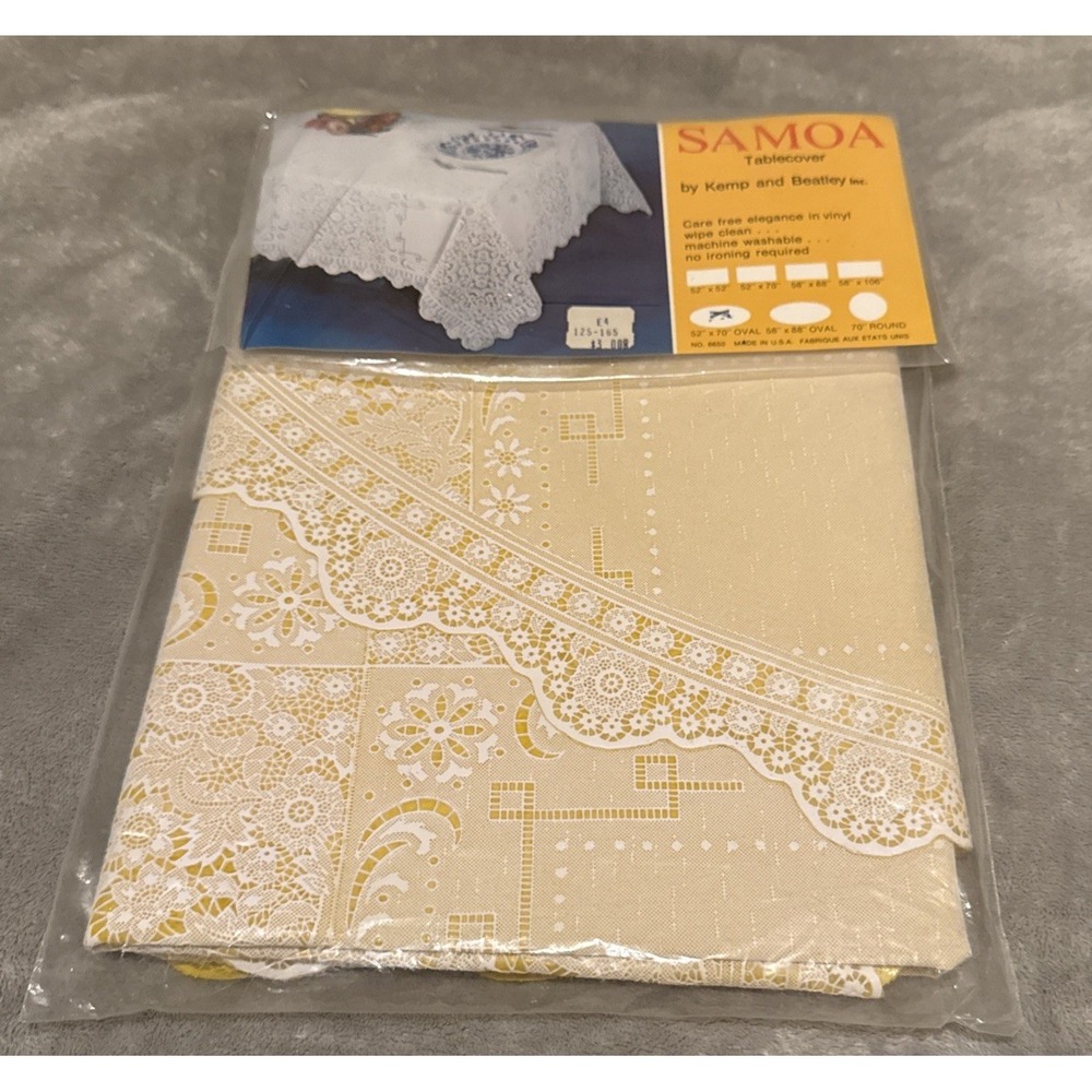 Vintage Samoa Vinyl Lace Tablecloth Kemp & Beatley New in Package Easy Care OVAL